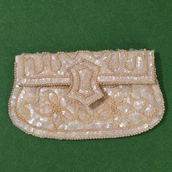 John Wind Handbags - Vintage John Wind Japan Beaded & Sequin Clutch Purse – Ivory/Gold – 1950s